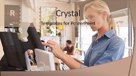  Presentation with cash - Beautiful presentation design featuring waitress at cash register backdrop and a coral colored foreground