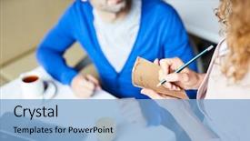  Presentation with waitress - Amazing PPT theme having waitress cafe writing down breakfast order businessman notepad backdrop and a light blue colored foreground