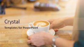  Presentation with cup coffee - Slide deck with waitress hands ready to serve background and a coral colored foreground