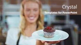  Presentation with waitress - Slide set enhanced with waitress holding a plate of cupcake in caf background and a coral colored foreground