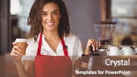  Presentation with take the lead - Cool new PPT theme with waitress holding a take-away backdrop and a tawny brown colored foreground