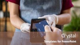  Presentation with contactless - PPT layouts having waitress-holding-credit-card-reader background and a coral colored foreground