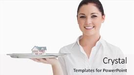 Presentation with waitress - Colorful PPT layouts enhanced with waitress holding silver tray with miniature house backdrop and a light gray colored foreground