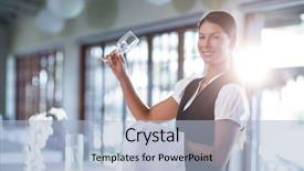  Presentation with portrait happy family smiling - PPT theme having waitress holding up a empty background and a light blue colored foreground