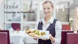  Presentation with waitress - Cool new PPT layouts with waitress-in-a-nice-restaurant backdrop and a light gray colored foreground