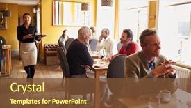  Presentation with safety interacting customers - PPT theme enhanced with waitress in busy restaurant background and a tawny brown colored foreground
