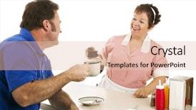  Presentation with waitress - PPT theme consisting of waitress in diner chats with customer and refills his coffee cup isolated on white background and a lemonade colored foreground