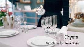  Presentation with rubber gloves doctor puts - PPT theme with waitress in gloves puts tableware background and a light gray colored foreground