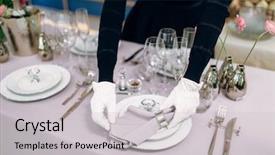  Presentation with elegant table setting - Slide set having waitress prepares tablecloth table setting background and a light gray colored foreground