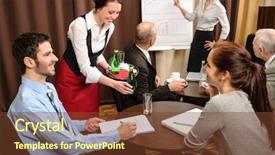  Presentation with flip chart - Beautiful PPT theme featuring waitress serving people at business backdrop and a  colored foreground