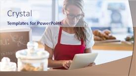  Presentation with waitress - Audience pleasing presentation consisting of waitress sitting at table and using digital tablet in cafe backdrop and a sky blue colored foreground