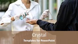  Presentation with hand hygiene - Audience pleasing presentation design consisting of waitress-spraying-alocohol-on-hand backdrop and a coral colored foreground