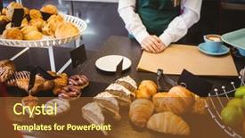  Presentation with pastries - Cool new PPT layouts with waitress standing behind the counter with a lot of pastries backdrop and a tawny brown colored foreground