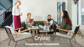  Presentation with order - Presentation design consisting of waitress taking an order from female customer while friends looking at her in cafe background and a gray colored foreground