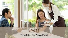  Presentation with dining restaurant - Slide set with waitress-wear-facemask-and-face background and a mint green colored foreground