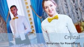  Presentation with restaurant waiter - PPT theme with waitress-woman-and-waiter-man background and a light blue colored foreground