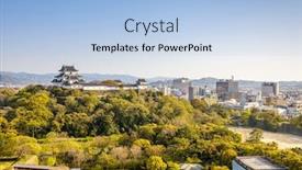  Presentation with japan castle - Slide deck with wakayama japan castle and downtown cityscape background and a light blue colored foreground