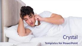  Presentation with insomnia - Audience pleasing slide deck consisting of wake up call - man in bed suffering backdrop and a sky blue colored foreground