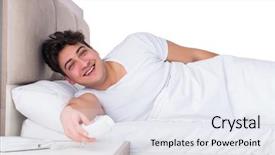  Presentation with insomnia - Slides enhanced with wake up call - man in bed suffering background and a sky blue colored foreground