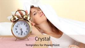  Presentation with bed - Cool new PPT theme with wake up call - young beautiful woman lying backdrop and a coral colored foreground