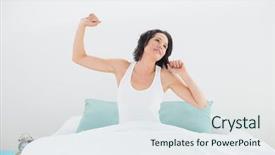  Presentation with bed - Beautiful PPT theme featuring wake up morning - young woman waking up backdrop and a sky blue colored foreground
