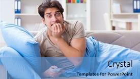  Presentation with man watching woman preparing vegetables - Slides having man watching tv from bed holding remote control unit background and a light blue colored foreground