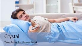  Presentation with control - Cool new presentation theme with man watching tv from bed holding remote control unit backdrop and a light blue colored foreground