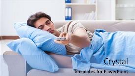  Presentation with control - PPT theme featuring getting up - man watching tv from bed background and a light blue colored foreground