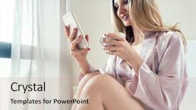  Presentation with mobile phone in woman hand - Beautiful theme featuring wakeapp - woman checking her phone backdrop and a  colored foreground