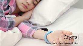  Presentation with young woman diagnosis of sti - Presentation theme featuring wakeapp - young woman with sleep tracker background and a  colored foreground