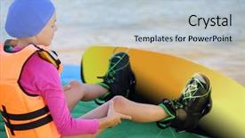  Presentation with airport boarding board - Presentation theme featuring wakeboarding - girl in a lifejacket background and a  colored foreground