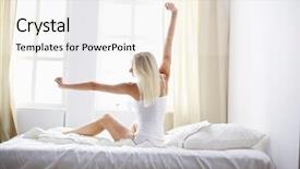  Presentation with wake up and be awesome - Beautiful slide deck featuring waking - woman stretching in bed backdrop and a sky blue colored foreground