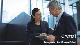  Presentation with executive business negotiation skills - Audience pleasing PPT layouts consisting of walk talk - business executives discussing over digital backdrop and a wine colored foreground