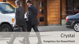  Presentation with two way street sign - Cool new PPT layouts with walk talk - two businessman chatting whilst crossing backdrop and a light gray colored foreground