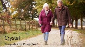  Presentation with senior couple - Amazing PPT theme having walk with dog on path backdrop and a coral colored foreground