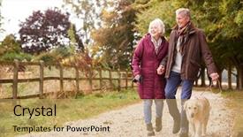  Presentation with senior couple - Beautiful presentation theme featuring walk with dog on path backdrop and a yellow colored foreground