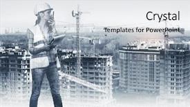  Presentation with sad woman walking - Slide set enhanced with walkie talkies and building site background and a light gray colored foreground