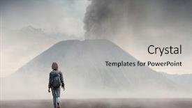  Presentation with granulated coal ash - Colorful theme enhanced with walking alone - hiker with backpack crossing valley backdrop and a light gray colored foreground