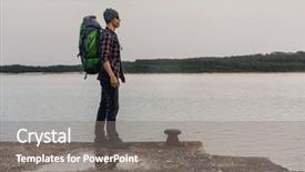  Presentation with beautiful moraine lake - Amazing presentation theme having walking alone - man traveling backpack enjoying backdrop and a gray colored foreground