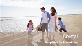  Presentation with holding hands family walking - Audience pleasing PPT theme consisting of walking along beach with picnic backdrop and a coral colored foreground