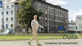  Presentation with city people walking - Slides enhanced with concept - senior man walking along background and a mint green colored foreground