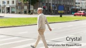  Presentation with city people walking - Amazing PPT theme having concept - senior man walking along backdrop and a lemonade colored foreground