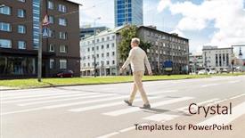  Presentation with city people walking - Amazing PPT layouts having concept - senior man walking along backdrop and a  colored foreground