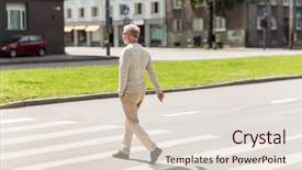  Presentation with city people walking - Colorful slide deck enhanced with concept - senior man walking along backdrop and a  colored foreground