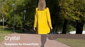  Presentation with yellow - Theme featuring walking away - beautiful young woman in yellow background and a coral colored foreground