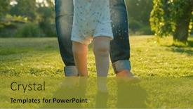  Presentation with green lawn - Presentation theme featuring walking-children-s-bare-feet background and a gold colored foreground