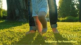  Presentation with green lawn - PPT theme enhanced with walking-children-s-bare-feet background and a tawny brown colored foreground