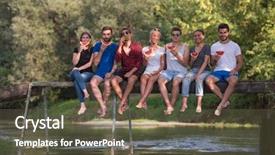  Presentation with nature river - Colorful slides enhanced with walking discovery - group of young friends enjoying backdrop and a tawny brown colored foreground