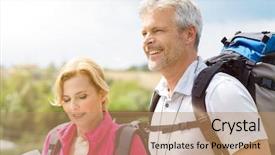 Presentation with map - PPT theme featuring walking discovery - portrait of happy hikers analyze background and a coral colored foreground