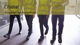  Presentation with industrial textile industry yarn spools - PPT layouts consisting of 4 parts - four colleagues walk background and a gold colored foreground